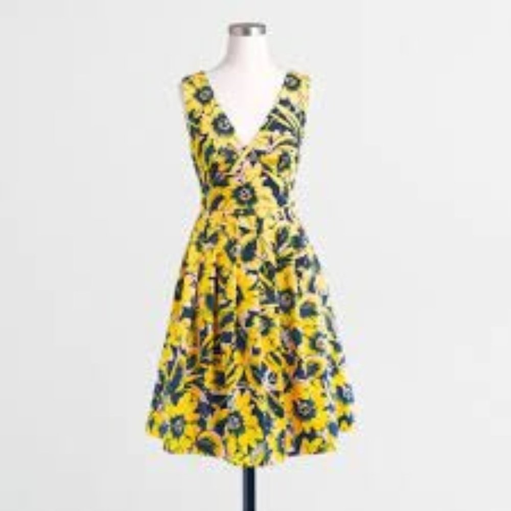 J.Crew Womens Floral piqué dress 00 Fit & Flare Pleated Mini Pockets Yellow